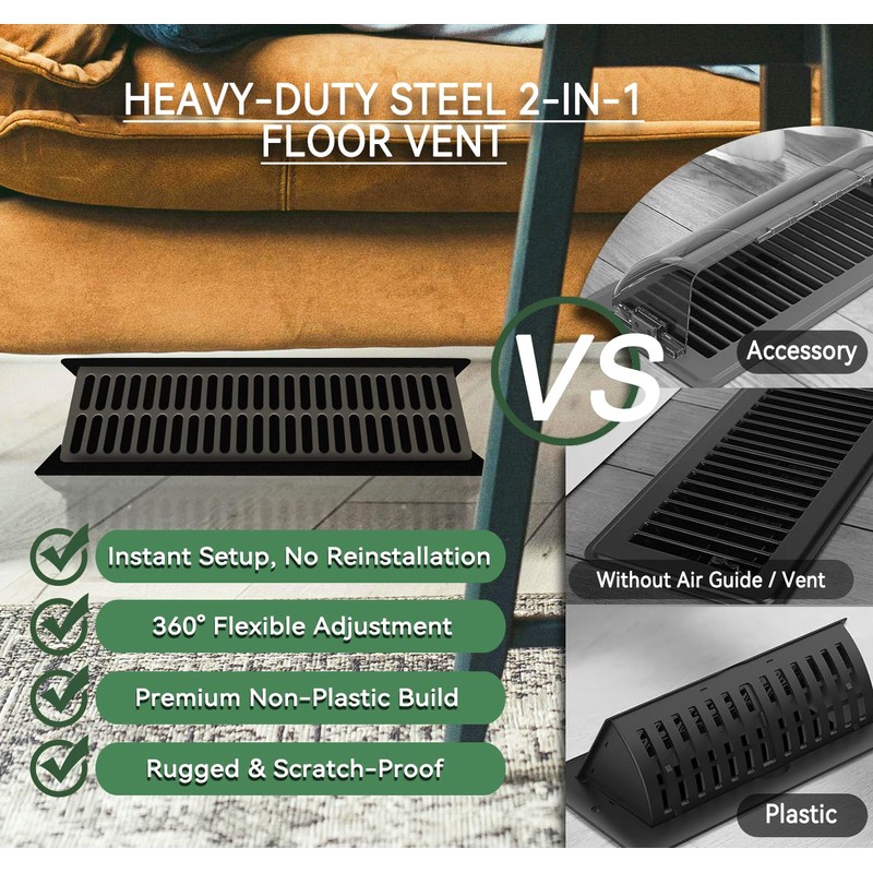 4x12 Floor Register with Vent Deflector, Heavy Duty Steel 2-in-1