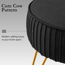 ALeesing Velvet Vanity Stool Chair, Round Makeup Vanity Chair with Adjustable Metal Legs & Soft Padded Seat, Ottoman Foot Stool for Bedroom, Living Room, Entryway, Black