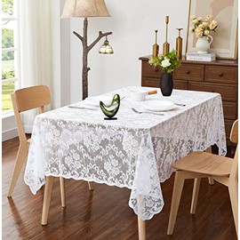 ASATEX 60 x 84 Inch White Rectangle Lace Tablecloth. Classic Stylish Floral Pattern is Ideal Choice for Any Luxury Dining Room, Birthday, Wedding or Holiday Celebration. MIT White 84"