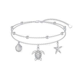 LWXIE Diamond Turtle Anklet for Women 925 Sterling Silver Layered Sea Turtle Shell Starfish Foot Bracelet with Lab Grown Diamonds Beach Summer Jewelry Gifts for Women
