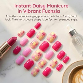 Uñas postizas cortas cuadradas con flores rosas, acabado brillante, reutilizables, con pestañas adhesivas - Kit de 24 piezas para manicura femenina