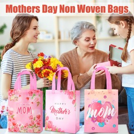 Wesnoy 24 Pcs Mother's Day Gift Bags Treat Bags with Handle Happy Mother's Day Tote Bags Reusable Floral Non Woven Gift Wrap Bags Mothers Day Goodie Bags for Mom Grandma Party Supplies
