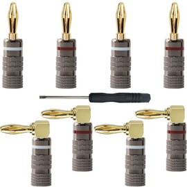 DAOKAI Banana Plugs 4mm Banana Speaker Plug Connectors 24K Gold Plated,Closed Screw No Soldering+90 Degree Audio Jack Connector, for Speaker Wire, Wall Plate, Home Theater(8Pcs/4pair)