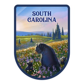 Die Cut Sticker South Carolina, Lithograph, Bear Family in Field, Vinyl Sticker 3 to 6 inches, (Waterproof Decal for Cars, Water Bottles, Laptops, Coolers), Large