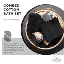 Villa Celestia 100% Cotton Bath Towel Set of 18-4 Bath Towels, 6 Hand Towels, 8 Wash Cloths, Sustainable, Soft, Highly Absorbent, Combed Cotton 18 Piece Set for Hotels, Spa, Bathroom, Dorm, Black