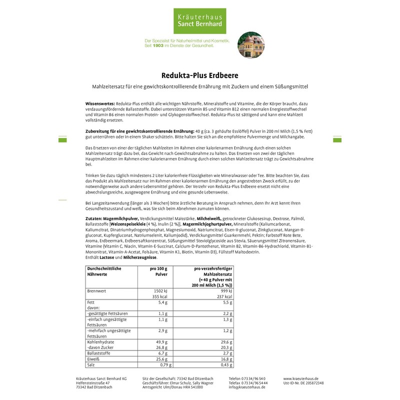 Sanct Bernhard Redukta-PLUS Erdbeere Mahlzeitenersatz 600 g