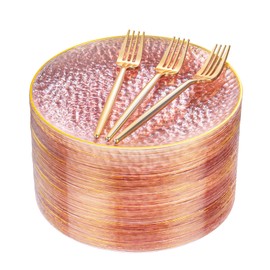DaYammi 240Pcs Pink Plastic Plates Including 120Pcs Pink Dessert Plates and 120Pcs Gold Plastic Forks,Hammered Party Plate,pink and Gold Appetizer plates Heavy duty Disposable Plate for All Occasions
