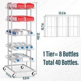Vrisa Water Bottle Organizer 5-Tier Bottled Water Holder with Wheels Freestanding Drink Rack Can Rack Organizer for Kitchen Pantry Living Room, Silver