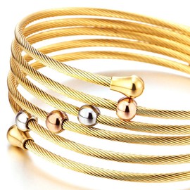 COOLSTEELANDBEYOND Women's Multi-Strand Elastic Adjustable Stainless Steel Gold Twisted Steel Cable Bracelet Bangle with Bead Charm, Stainless Steel, Non-applicable