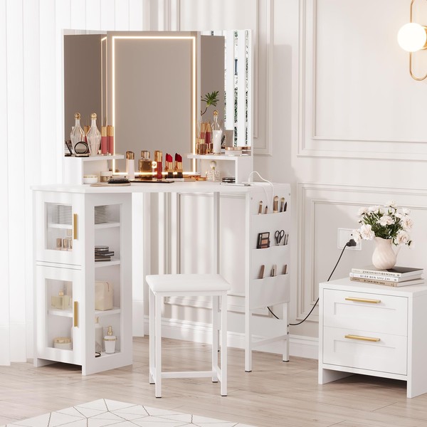 Garvee Corner Vanity Desk and Stool, Corner Makeup Vanity with