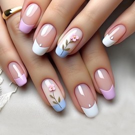 24Pcs Flower Press on Nails Short Square French Tip Nails Press ons Short Fake Nails with Floral Design Glue on Nails Glossy Floral False Nails Nude Pink Full Cover Acrylic Stick on Nails for Women