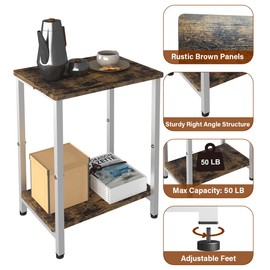 Tigerden 2 Tier Side Table, Heavy Duty End Table with Shelves, Narrow nightstand Table for Small Spaces, Record Player Table for Bedroom, Living Room, Sofa Couch - Rustic Brown & White