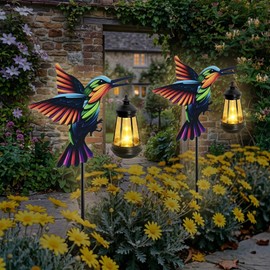 Cynzia 2 Pack Hummingbird Solar Garden Lights Waterproof Outdoor Metal Stakes with Solar Lantern Gifts for Women Mom Grandma Birthday for Path Yard Patio Porch Lawn (Warm White, Colorful Hummingbird)