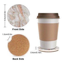 2 Pack Absorbent Car Coasters for Cup Holders,Rose Gold Marble Ceramic Coasters with Cork Back and Finger Slot,Cupholder Accessories to Keep Your Car Cup Holders Clean and Dry 2.56"