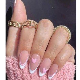 Medium Press on Nails Almond Fake Nails with White French Designs Pink Heart Glue on Nails Light Pink Translucent Acrylic Nails Simple & Cute Stiletto Stick on Nails for Women 24 Pcs