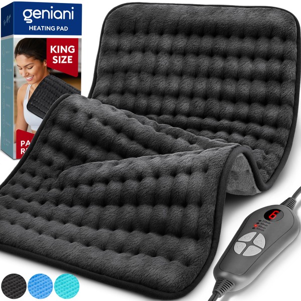 GENIANI Double Sided XL Heating Pad Electric for Lower Back Pain & Period Cramps Relief, Heat Pad with 6 Heat Settings for Neck & Shoulders, Christmas Gifts for Men & Women (12"x24" Jet Black)