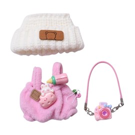 Mrltau Cute Casual Look Style Clothing for Vinyl Plush Toy Keychain Dolls, with Knitted Hat & Plush Dungarees & Camera Decoration, Outfit Accessory for Vinyl Plush Toys Blind Box (Pink)