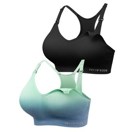 HOFISH Support Nursing Sports Bra Seamless Medium Impact Racerback Nursing Bras Pregnancy Padded Breastfeeding Bra Black/Bluegreen M