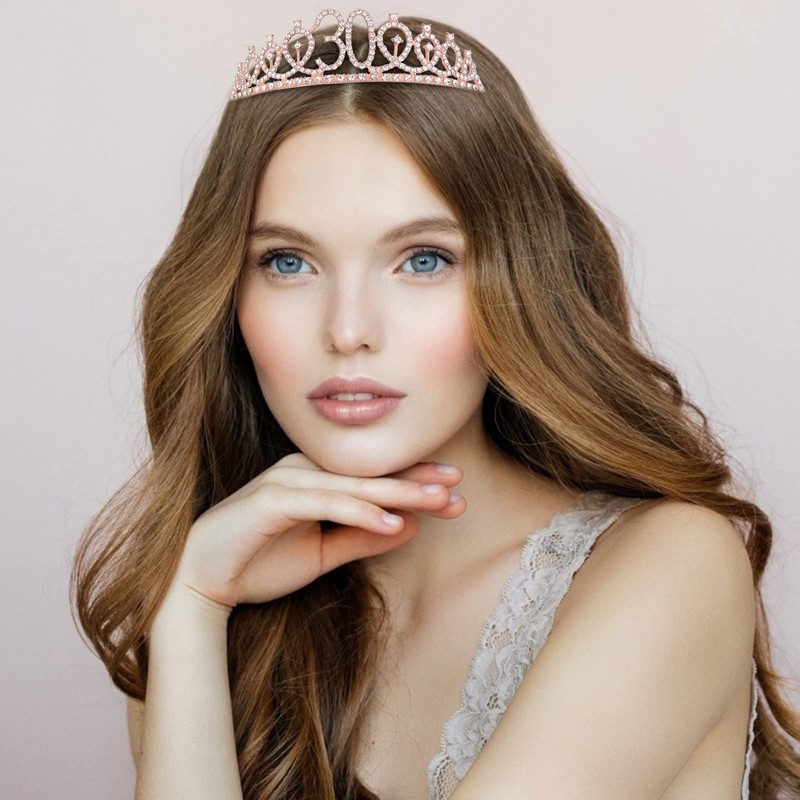 Oblihumoy Sash and Rhinestone Tiara Set, Rose Gold Glitter, Women's