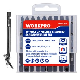 WORKPRO 10pcs Slotted Phillips Screwdriver Bit Set, S2 Steel Magnetic Screwdriver Bits Set, CNC Machined Tips, 1/4 Inch Hex Shank Driver Bits, 3 Inch Long Screwdriver Bits Set with Storage Box