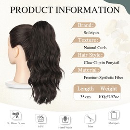 Sofeiyan Ponytail Extension Clip in Claw Hairpiece Ponytail Hair Extension Long Wavy Curly Ponytail with Clip Hair Extension Synthetic Hair Heat Resistant for Women, Brown