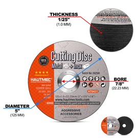 HAUTMEC Expert Grade Cut Off Wheels 5"-1/25" x 7/8", Thin Grinding Disc for Cutting Steel, Stainless Steel and Non-Ferrous Metals, 10 Pack General Purpose Cut Off Blade for Most Angle Grinder HT0431