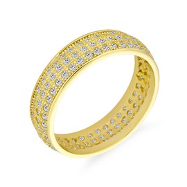 Classic Traditional Bridal 3 Row Micro Pave Cubic Zirconia CZ Anniversary Eternity Wedding Ring for Women Yellow 14K Gold Plated .925 Sterling Silver Rhodium 5mm Wide, Cubic Zirconia
