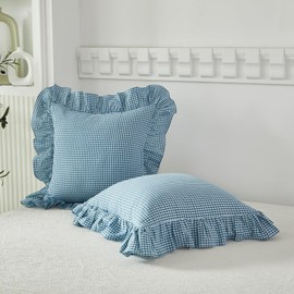 Lemfux Blue Ruffle Checked Decoratived Throw Pillow Cover Cotton Gingham Pillowcases Shabby Chic Pillow Cases Pillow Cover Standard Size 18 * 18 Coquette Pillow Covers Set of 2