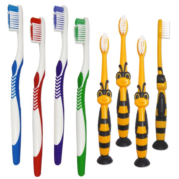 4 Adult & 4 Children's Toothbrushes ~ Family Bulk Pack Kids Sucker Base Brushes