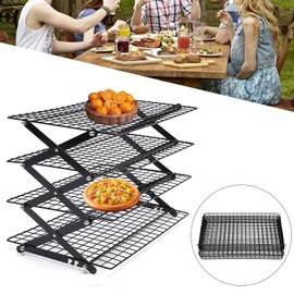 4 Layer Cooling Rack, Foldable Outdoor Camping Mental Shelf Picnic Rack, Stackable Mental Wire Rack, Collapsible Kitchen Countertop Organizer for Baking Cooking Roasting Grilling
