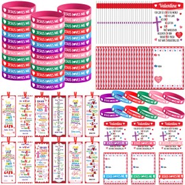 WinnerWhy 180pcs Religious Valentine's Day Gifts 60 Christian Valentine's Day Bookmarks 60 Religious Valentine's Day Cards 60 Bible John 3: 16 Bracelets for Classroom Party Favors