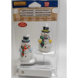 Lemax Holly Hat Snowmen -Holiday Village Train Lighted -set Of 2