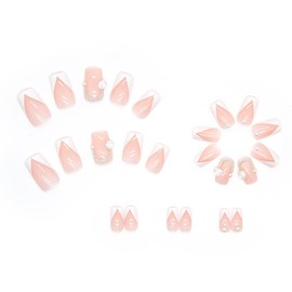 24pcs Nail Tips, Camellia Flower Nude Pink Pearl, Lovely Girly Nails