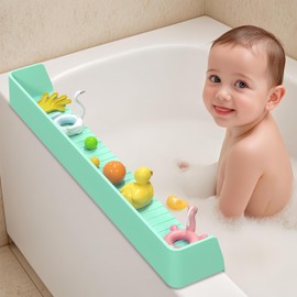 bzijaslle 31 Inch Longer Kids Bathtub Water Splash Guard, Flexible Silicone Bath Toy Tray Holder with Strong Suction Cups, No Leak, Bathroom Essentials Ledge Shelf for Toddlers Baby Kids(Green)
