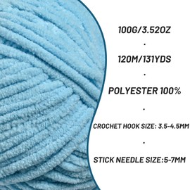 Plush Chenille Chunky Crochet Yarn - Baby Yarn for Crocheting Soft - Velvet Yarns Knitting for Blankets Crafts - Fluffy Amigurumi Yarns 100g / 131yd (Azure)