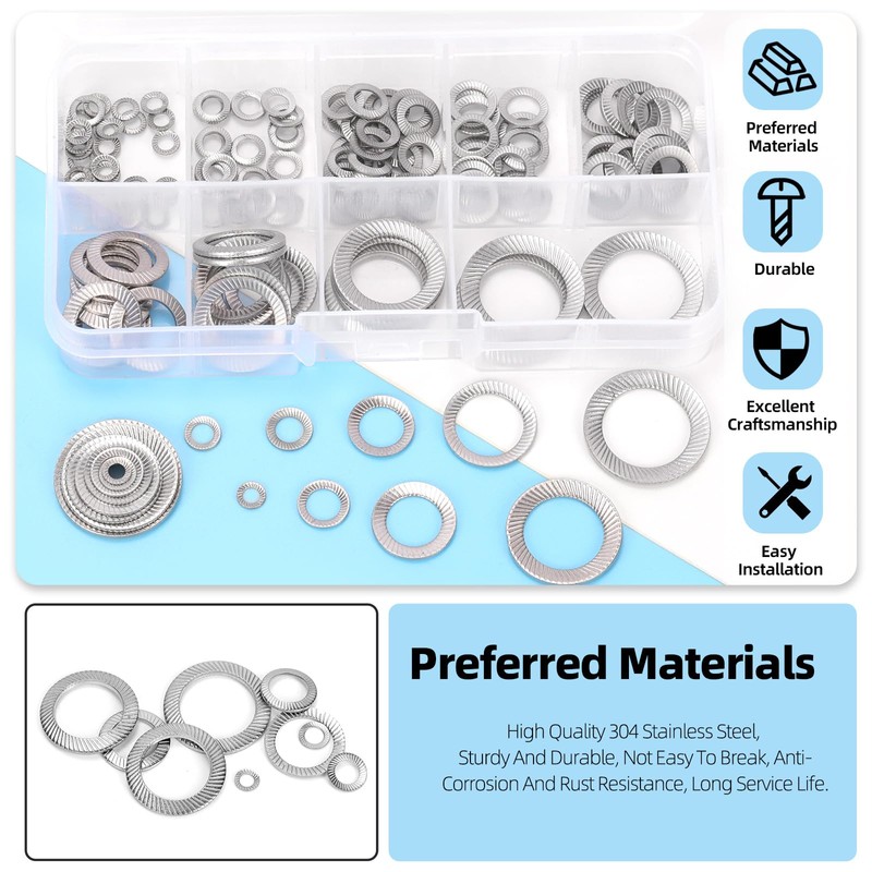 Glarks 160pcs M3/4/5/6/8/10/12/14/16 Double Side Lock Washer, 304 Stainless Steel