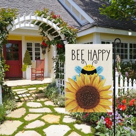 XMRCARRY Bee Happy Summer Garden Flags Sunflower Welcome Double Sided Burlap Flag for Outside, Small Seasonal Banner Yard Holiday Party Outdoor Decoration 12x18 Inch