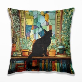 TopXmai Funny Black Cat Pillow Covers 18x18, Cat and Book Lovers Gifts, Colorful Stained Glass Bookish Kitty on Bookshelf Decorative Pillow Covers for Home Library Sofa Couch Bedroom Living Room，A237