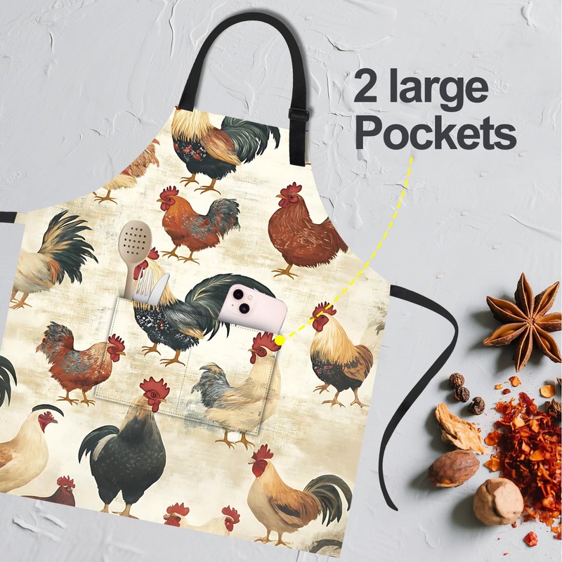 ANNA QUEEN Rooster Apron for Women Men with Pockets, Adjustable