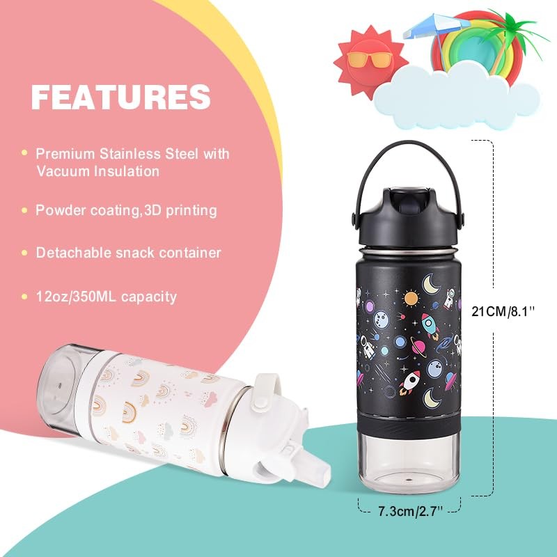 Water Bottle with Snack Container 4SB (Stainless Steel, Black)