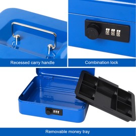 Cash Box with Combination Lock, Metal Money Box for Cash, Lovndi Lock Box with Money Tray, 9.84 x 7.87 x 3.54 Inches, Blue