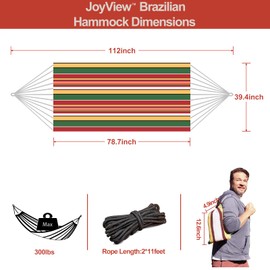 JoyView Brazilian Hammock for Single Person - Portable Cotton Hammock with Hanging Ropes & Carry Bag - 78.8x39.4' - 300LBS Capacity - Red & Green Stripes