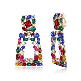 Flyonce Rectangle Geometric Clip-on Earrings for Women, Sparkly Colorful Rhinestone Crystal Geometric Statement Earrings for Non Pierced Ears
