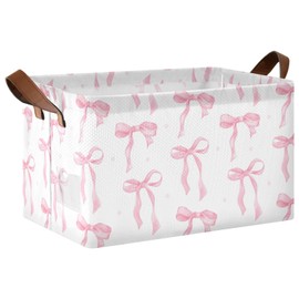 Coquette Preppy Pink Bow Cute Bowknot Storage Basket Foldable Cube Storage Bins with Handles&Labels Waterproof Collapsible Organizer Box Bin Large Decorative Baskets for Shelves Home Living Room