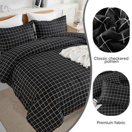 Black Plaid Comforter Set Queen Size, 3 Pieces Grid Gingham Checkerd Pattern Bedding Set, Reversible Down Alternative Geometric Lightweight Comforter with 2 Pillowcases (Queen, Black)