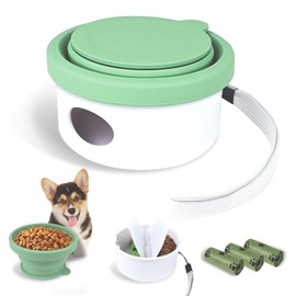 Collapsible Travel Dog Bowl with Lid, 3 in 1 Portable Silicone Dog Food and Water Bowl with 3 Poop Bags, Folding Pet Food Container for Puppy Cat Beach Camping Hiking Walks Essentials (Cyan)