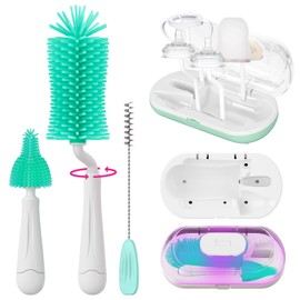 Bottle Brush Set with Drying Rack,Travel Bottle Cleaner Kit with Baby Bottle Brush,Straw Cleaner Brush,Nipple Brush-Baby Travel Essentials for Flying (Green, Box-Shaped)