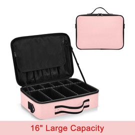 Makeup Bag 15" Large Capacity Cosmetic Bag Travel Makeup Storage Bag Organizer Portable Artist Storage Bag with Adjustable Dividers and shoulder strap Pink Made by FEIFEIYU - Color: Pink-Large