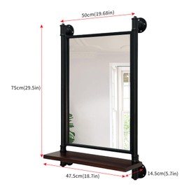 OLDRAINBOW Industrial Pipe Mirror Wood Shelves,Bedroom Mirror with Shelf,Rectangle Iron Wall Mirrors for Living Room Bedroom(29.5x19.68)
