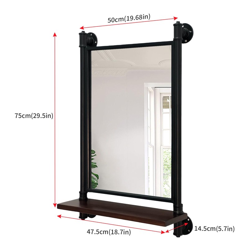 OLDRAINBOW Industrial Pipe Mirror Wood Shelves,Bedroom Mirror with Shelf,Rectangle Iron